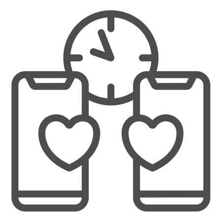 Phone, hearts, clock, dating, texting, message line icon, speed dating concept, chat vector sign on white background, outline style icon for mobile concept and web design. Vector graphics.のイラスト素材