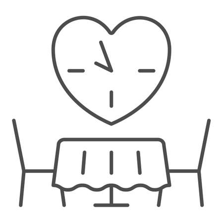 Date, romantic dinner, table for two, heart, clock thin line icon, dating concept, dating vector sign on white background, outline style icon for mobile concept and web design. Vector graphics.のイラスト素材