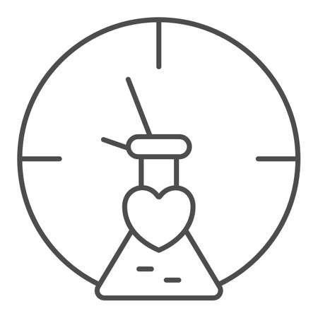 Clock, watch, heart, love potion, test tube thin line icon, dating concept, timepiece vector sign on white background, outline style icon for mobile concept and web design. Vector graphics.のイラスト素材