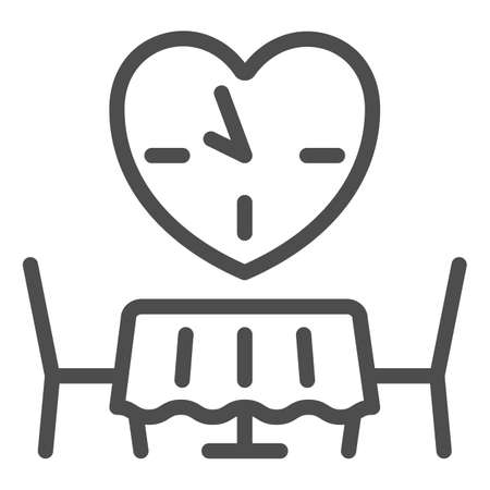Date, romantic dinner, table for two, heart, clock line icon, dating concept, dating vector sign on white background, outline style icon for mobile concept and web design. Vector graphics.のイラスト素材