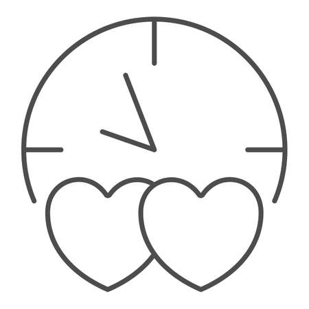 Clock, two hearts, speed date, lovely time thin line icon, speed dating concept, in love vector sign on white background, outline style icon for mobile concept and web design. Vector graphics.のイラスト素材