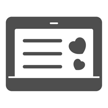 Love letter on laptop screen, hearts solid icon, dating concept, love chat vector sign on white background, glyph style icon for mobile concept and web design. Vector graphics.のイラスト素材