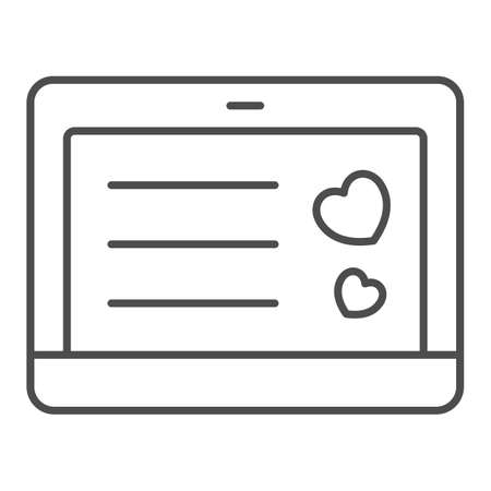 Love letter on laptop screen, hearts thin line icon, dating concept, love chat vector sign on white background, outline style icon for mobile concept and web design. Vector graphics.のイラスト素材
