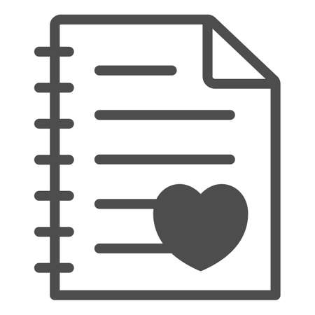 Paper sheet with heart, notebook page solid icon, dating concept, love letter vector sign on white background, glyph style icon for mobile concept and web design. Vector graphics.のイラスト素材