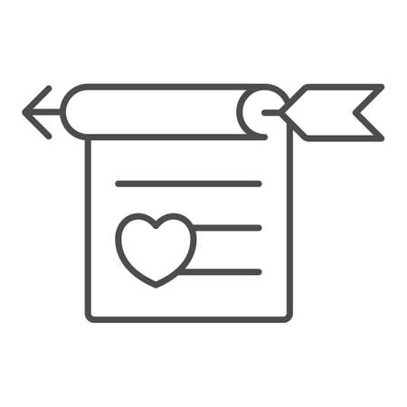 Love letter with heart and arrow thin line icon, dating concept, romantic invitation vector sign on white background, outline style icon for mobile concept and web design. Vector graphics.のイラスト素材