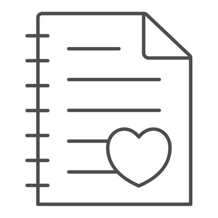 Paper sheet with heart, notebook page thin line icon, dating concept, love letter vector sign on white background, outline style icon for mobile concept and web design. Vector graphics.のイラスト素材