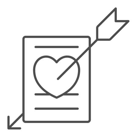 Paper with heart pierced with arrow, love message thin line icon, dating concept, letter vector sign on white background, outline style icon for mobile concept and web design. Vector graphics.のイラスト素材