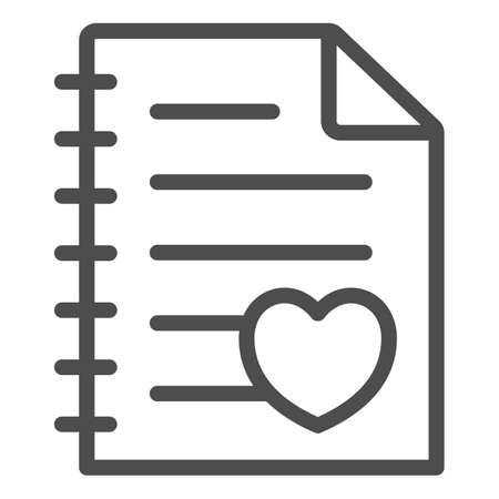 Paper sheet with heart, notebook page line icon, dating concept, love letter vector sign on white background, outline style icon for mobile concept and web design. Vector graphics.のイラスト素材