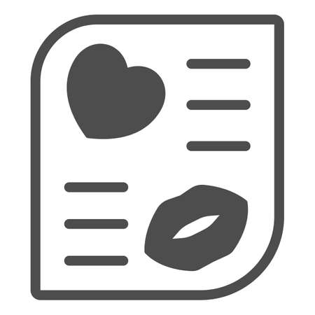 Love letter with heart, lips and kiss solid icon, dating concept, romantic message vector sign on white background, glyph style icon for mobile concept and web design. Vector graphics.のイラスト素材