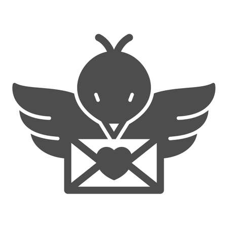 Bird with love letter in beak, message solid icon, dating concept, envelope with heart vector sign on white background, glyph style icon for mobile concept and web design. Vector graphics.のイラスト素材