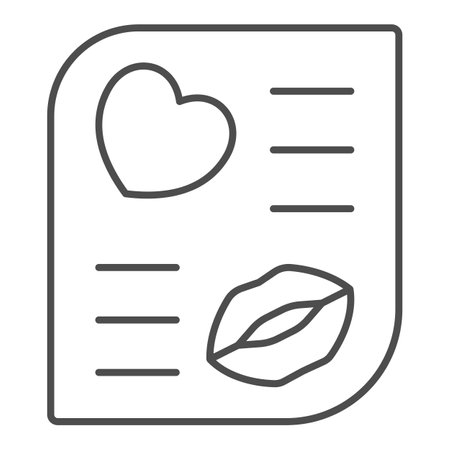 Love letter with heart, lips and kiss thin line icon, dating concept, romantic message vector sign on white background, outline style icon for mobile concept and web design. Vector graphics.のイラスト素材