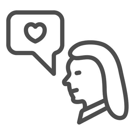 Woman, girl and heart in dialogue box line icon, dating concept, love message vector sign on white background, outline style icon for mobile concept and web design. Vector graphics.のイラスト素材