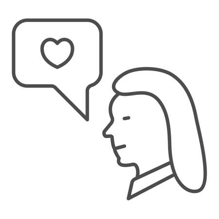 Woman, girl and heart in dialogue box thin line icon, dating concept, love message vector sign on white background, outline style icon for mobile concept and web design. Vector graphics.のイラスト素材