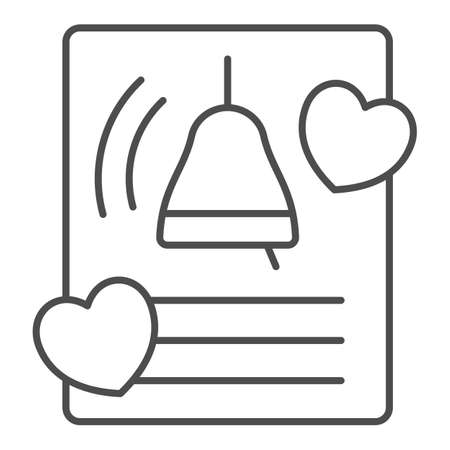 Paper with hearts and bell, love letter thin line icon, dating concept, romantic message vector sign on white background, outline style icon for mobile concept and web design. Vector graphics.のイラスト素材