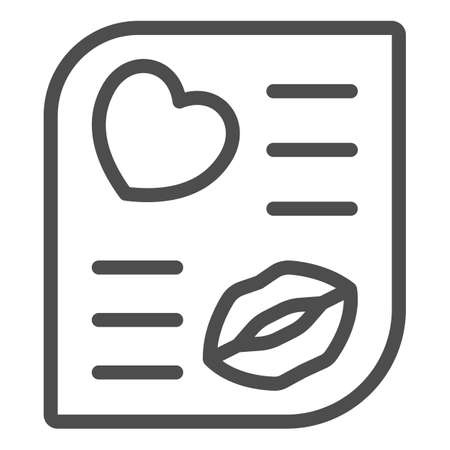 Love letter with heart, lips and kiss line icon, dating concept, romantic message vector sign on white background, outline style icon for mobile concept and web design. Vector graphics.のイラスト素材