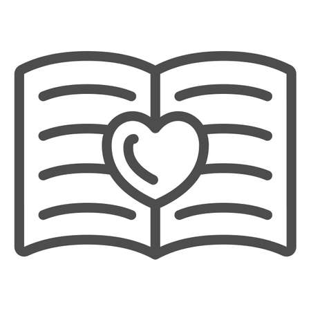 Opened book, notebook with heart line icon, dating concept, love letter vector sign on white background, outline style icon for mobile concept and web design. Vector graphics.のイラスト素材