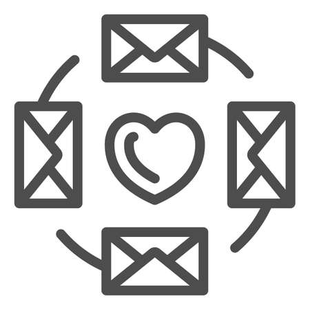 Love letters, envelopes around the heart line icon, dating concept, romantic message vector sign on white background, outline style icon for mobile concept and web design. Vector graphics.のイラスト素材