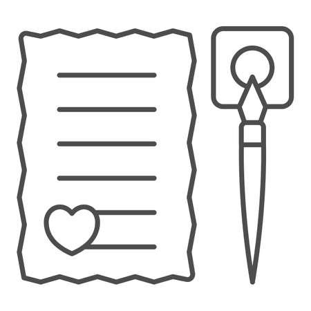 Love letter with heart and ink pen thin line icon, dating concept, romantic message vector sign on white background, outline style icon for mobile concept and web design. Vector graphics.のイラスト素材