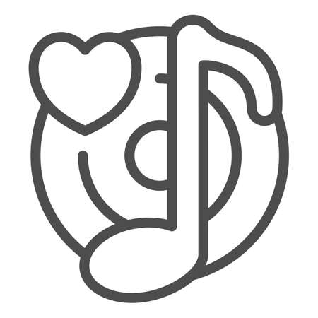 CD with heart and musical note, favourite music, song line icon, dating concept, disk vector sign on white background, outline style icon for mobile concept and web design. Vector graphics.のイラスト素材