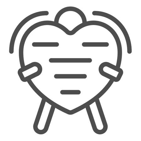 Man holds big heart, postcard line icon, dating concept, love, valentines day vector sign on white background, outline style icon for mobile concept and web design. Vector graphics.のイラスト素材