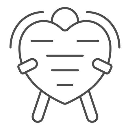 Man holds big heart, postcard thin line icon, dating concept, love, valentines day vector sign on white background, outline style icon for mobile concept and web design. Vector graphics.のイラスト素材