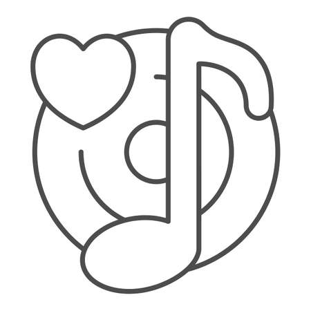 CD with heart and musical note, favourite music, song thin line icon, dating concept, disk vector sign on white background, outline style icon for mobile concept and web design. Vector graphics.のイラスト素材