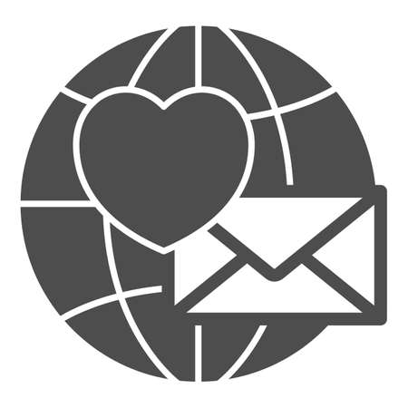 Love letter, envelope with heart and globe solid icon, dating concept, love message vector sign on white background, glyph style icon for mobile concept and web design. Vector graphics.のイラスト素材