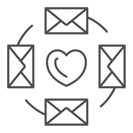 Love letters, envelopes around the heart thin line icon, dating concept, romantic message vector sign on white background, outline style icon for mobile concept and web design. Vector graphics.のイラスト素材
