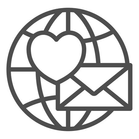 Love letter, envelope with heart and globe line icon, dating concept, love message vector sign on white background, outline style icon for mobile concept and web design. Vector graphics.のイラスト素材