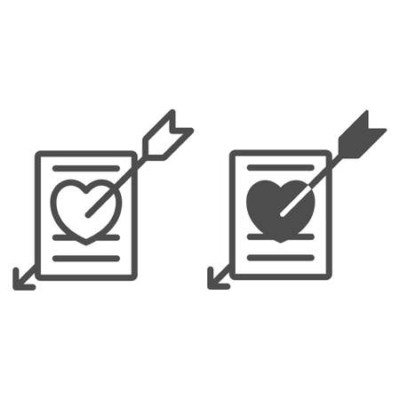 Paper with heart pierced with arrow, love message line and solid icon, dating concept, letter vector sign on white background, outline style icon for mobile concept and web design. Vector graphics.のイラスト素材