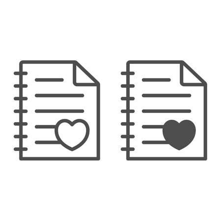 Paper sheet with heart, notebook page line and solid icon, dating concept, love letter vector sign on white background, outline style icon for mobile concept and web design. Vector graphics.のイラスト素材