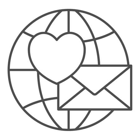 Love letter, envelope with heart and globe thin line icon, dating concept, love message vector sign on white background, outline style icon for mobile concept and web design. Vector graphics.のイラスト素材