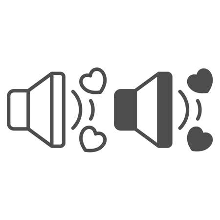 Speaker with hearts, favourite music, love song line and solid icon, dating concept, love sound vector sign on white background, outline style icon for mobile concept and web design. Vector graphics.のイラスト素材