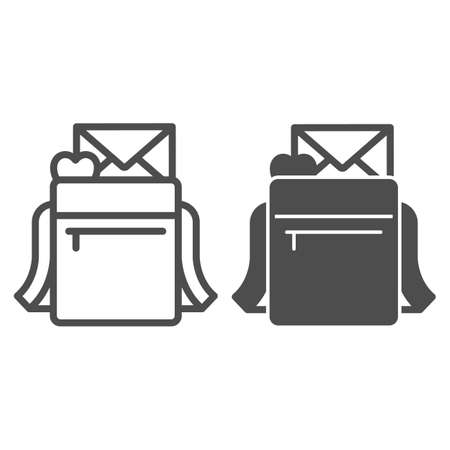 Love letter, envelope with heart in postman bag line and solid icon, dating concept, message vector sign on white background, outline style icon for mobile concept and web design. Vector graphics.のイラスト素材