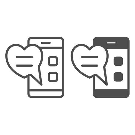 Love message on smartphone screen, heart, chat line and solid icon, dating concept, texting vector sign on white background, outline style icon for mobile concept and web design. Vector graphics.のイラスト素材
