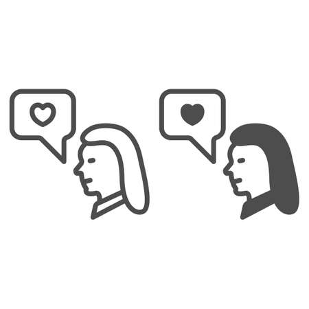 Woman, girl and heart in dialogue box line and solid icon, dating concept, love message vector sign on white background, outline style icon for mobile concept and web design. Vector graphics.のイラスト素材