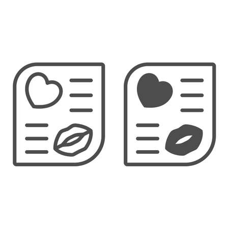 Love letter with heart, lips and kiss line and solid icon, dating concept, romantic message vector sign on white background, outline style icon for mobile concept and web design. Vector graphics.のイラスト素材