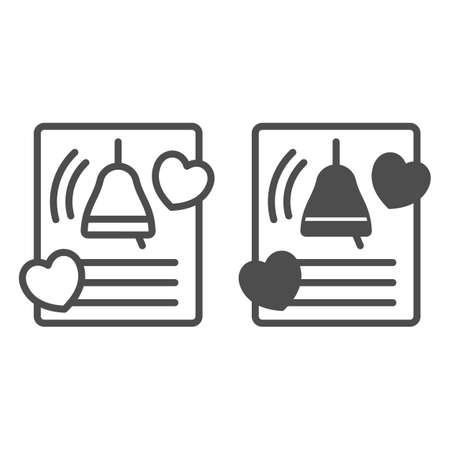 Paper with hearts and bell, love letter line and solid icon, dating concept, romantic message vector sign on white background, outline style icon for mobile concept and web design. Vector graphics.のイラスト素材