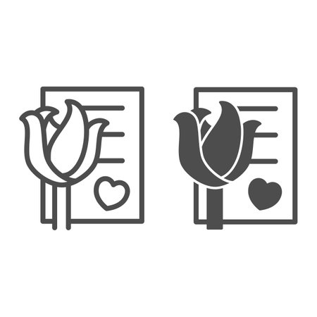 Paper with heart and rose, love letter line and solid icon, dating concept, romantic message vector sign on white background, outline style icon for mobile concept and web design. Vector graphics.のイラスト素材