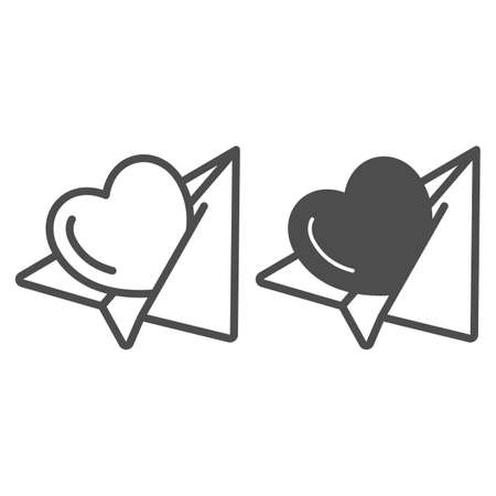 Paper plane with heart, romantic love message line and solid icon, dating concept, love letter vector sign on white background, outline style icon for mobile concept and web design. Vector graphics.のイラスト素材