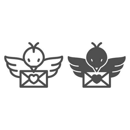 Bird with love letter in beak, message line and solid icon, dating concept, envelope with heart vector sign on white background, outline style icon for mobile concept and web design. Vector graphics.のイラスト素材