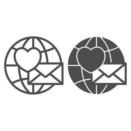 Love letter, envelope with heart and globe line and solid icon, dating concept, love message vector sign on white background, outline style icon for mobile concept and web design. Vector graphics.のイラスト素材