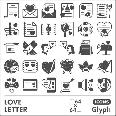 Love message line icon set, love and relationships symbols collection or sketches. Valentines day glyph linear style signs for web and app. Vector graphics isolated on white background.のイラスト素材