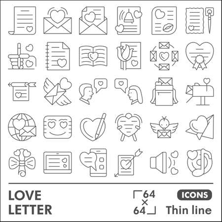 Love message line icon set, love and relationships symbols collection or sketches. Valentines day thin line linear style signs for web and app. Vector graphics isolated on white background.のイラスト素材