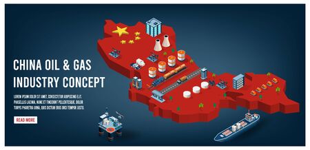 Modern isometric of China oil and gas industry concept with Energy and Power on flag background.  Easy to edit and customize. Vector illustrationのイラスト素材