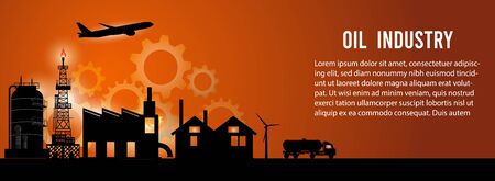 Gas oil industry platform Banner with Outbuildings, Oil storage tank. Poster Brochure Flyer Design, Vector Illustrationのイラスト素材