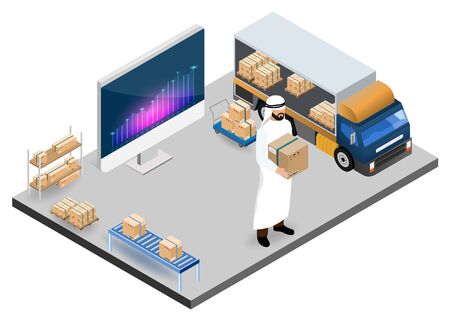 Modern isometric design concept of Warehouse Logistic with Arab Workers logistics, storehouse and goods on shelf. Vector illustration.のイラスト素材