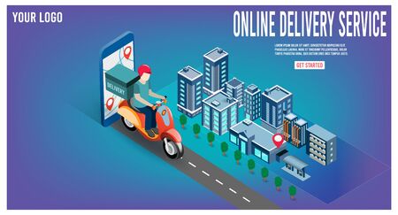 Online delivery service concept with delivery man ride scooter delivering parcel box.  vector illustration.のイラスト素材