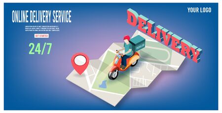 Online delivery service concept with delivery man ride scooter delivering parcel box.  vector illustration.のイラスト素材