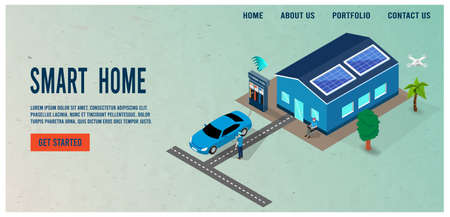 Modern isometric design concept of Smart Home with Intelligent buildings, Electric vehicle charging station, Solar Rooftop Energy. Vector illustrationのイラスト素材